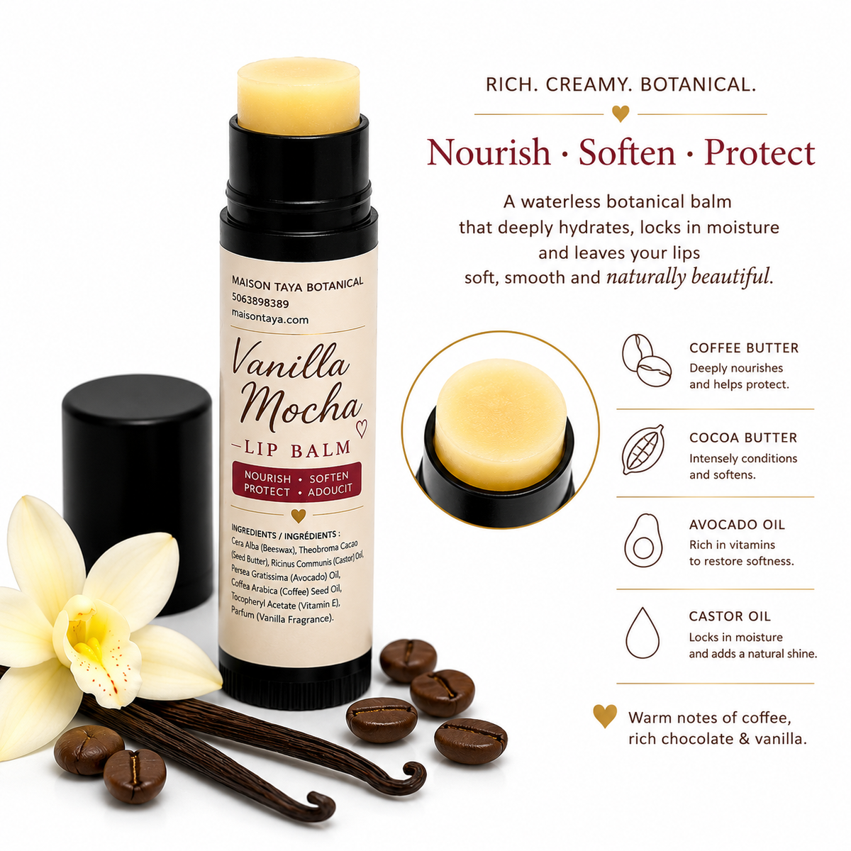 Vanilla Mocha Lip Balm | Cocoa & Coffee Butter | Botanical Moisturizer | 5 ml