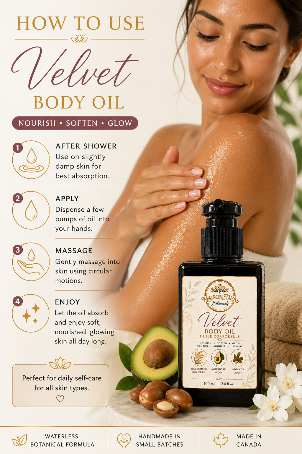 Velvet Body Oil with Avocado & Argan | Nourishing Botanical Oil | Vanilla Jasmine - 100ml