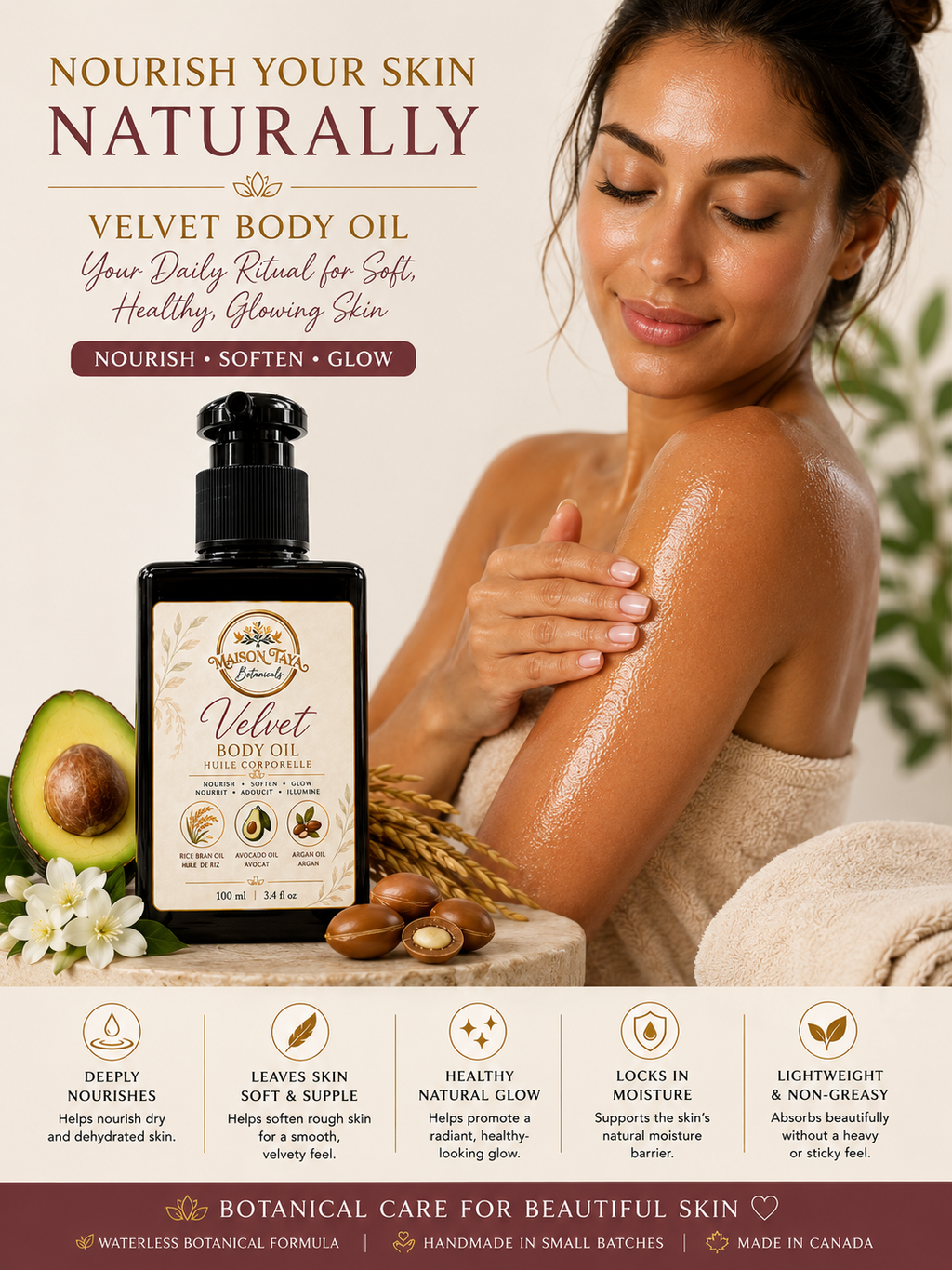 Velvet Body Oil with Avocado & Argan | Nourishing Botanical Oil | Vanilla Jasmine - 100ml